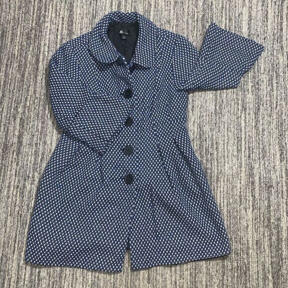 AB Studio Womens Sz 6 Button Front Wool Blend Pea Coat Blue Black White 3/4 Slee - Picture 1 of 9